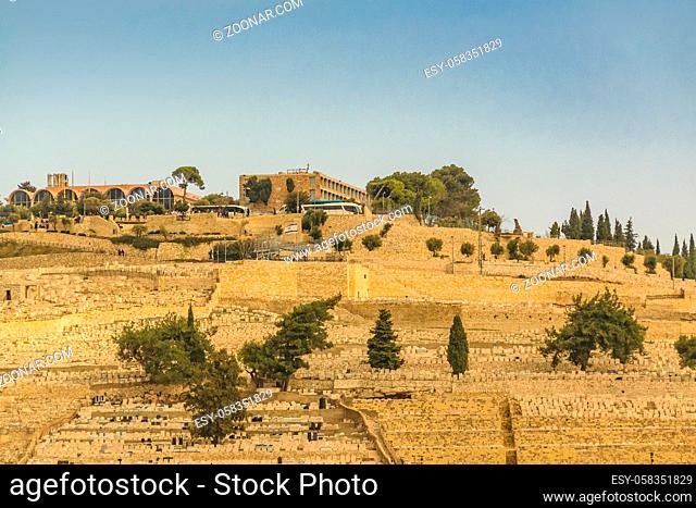 Landscape view of famous olives mount, old jerusalem city