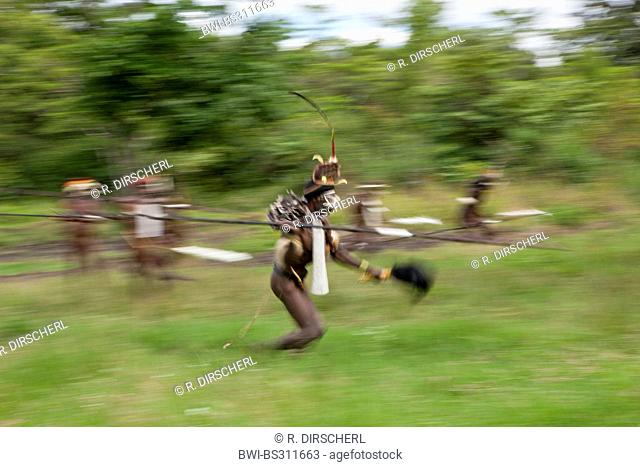 , group of Dani warriors in the shrubland attacking, Indonesia, Western New Guinea, Baliem Valley