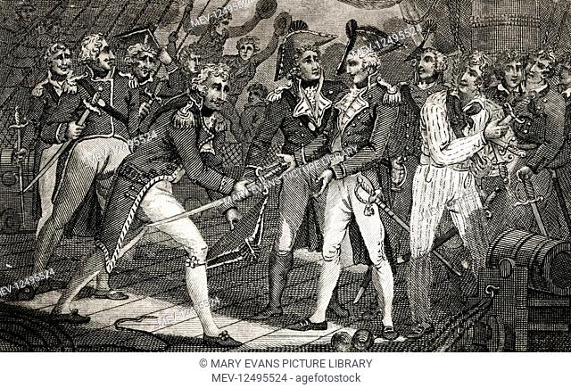 Horatio Nelson receiving the swords of the vanquished Spaniards on board the captured San Josef (San Jose) during the Battle of Cape St Vincent