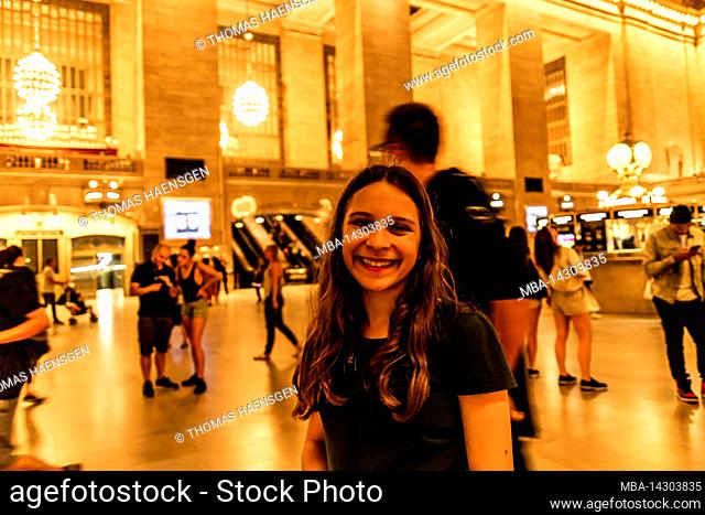 Grand Central Station, New York City, NY, USA, 14 years old, caucasian teenager girl with brown hair at Central Station