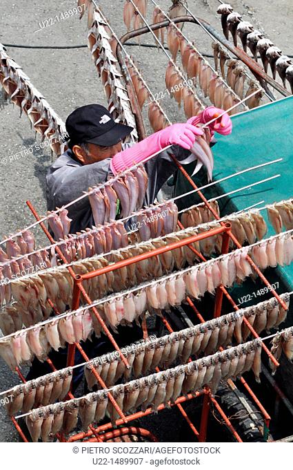 Busan (South Korea): a man putting out fish to dry at the Sindonga-Jagalchi Market