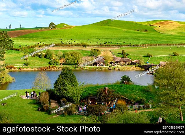 Hobbiton Movie Set of Shire in The Lord of the Rings and The Hobbit trilogies in Matamata, New Zealand