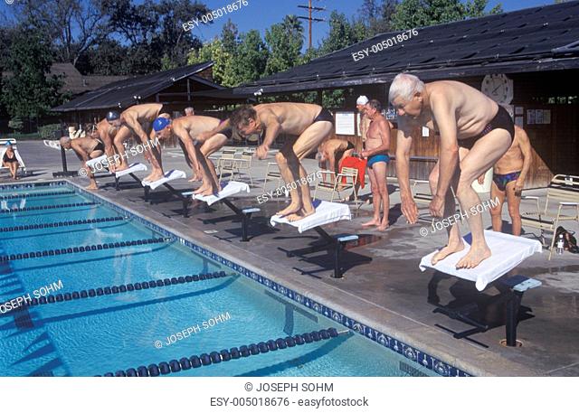 Senior Olympic Swimming competition, Men at starting gate, Ojai, CA