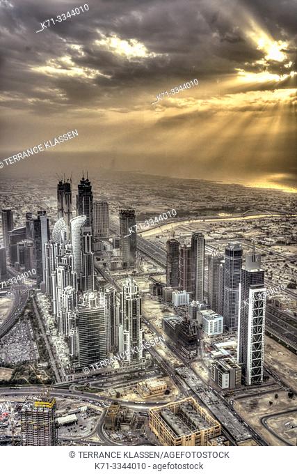 Sunset and the city skyline from Burj Khalifa in Dubai, UAE, Middle East