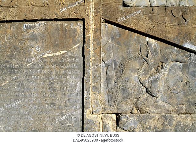 Bas-relief and cuneiform script, detail, Palace of Darius I, Persepolis (UNESCO World Heritage List, 1979), Iran. Achaemenid civilisation, 6th-5th century BC