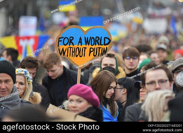Demonstration against Russian invasion to Ukraine at the Wenceslas square in Prague, Czech Republic, February 27, 2022, staged by Million Moments for Democracy