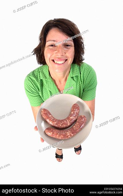 woman with sausage on white background