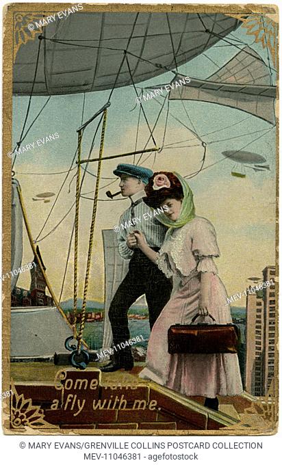 'Come take a fly with me' - Futuristic take on Airship Travel as a couple step aboard a shi perched on a high rise building