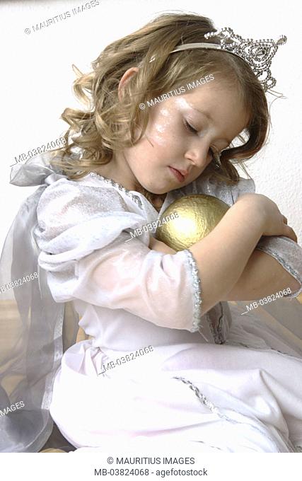 Girls, disguise, princess,  kneeling, ball, golden, holding,   Series, child, 6-8 years, blond, long-haired, playing childhood curls, crown, diadem