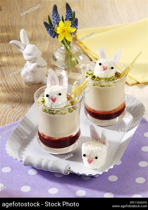 Sour cream pudding with redcurrant jelly and marshmallow bunnies