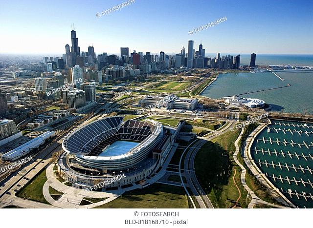 Aerial view of Chicago, Illinois skyline with Soldier Field