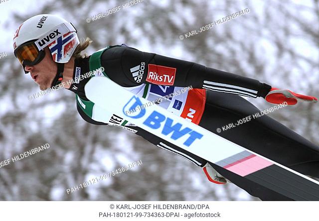 Daniel Andre Tande of Norway in action during the trial run of the team event at the Ski Flying World Championships in Oberstdorf, Germany, 21 Janaury 2018