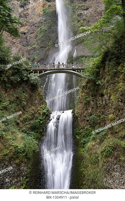 Two-level waterfalls with pedestrian bridge, Multnomah Falls, Portland, Oregon, USA