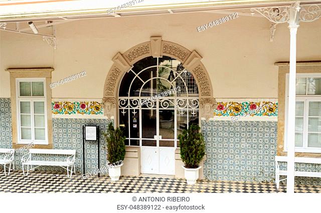 Main entry to the Art Nouveau Casino do Luso built in 1886 and being a fine architectural example of the Belle Epoque aesthetic, in Luso, Portugal