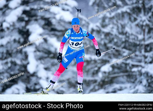 12 January 2022, Bavaria, Ruhpolding: Biathlon: World Cup, sprint 7.5 km in Chiemgau Arena, women. Anastasiia Shevvhenko from Russia in action