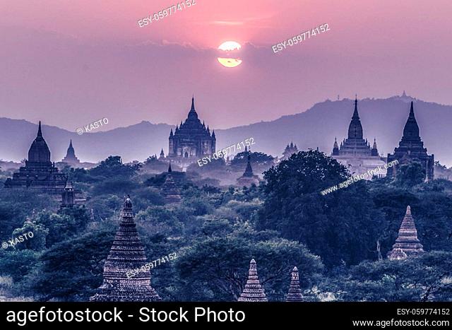 Temples of Bagan an ancient city located in the Mandalay Region of Burma, Myanmar, Asia. Night shot