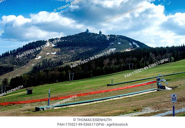 View of the Grosser Arber, the peak of the Bavarian-Bohemian-mountain ridge, with ski slopes seen in the foreground near Bodenmais,  Germany, 16 May 2017