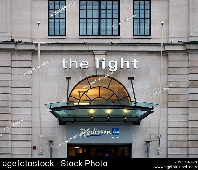 leeds, west yorkshire, united kingdom - 17 June 2021: entrance to the radisson blu hotel in the light development in leeds city centre