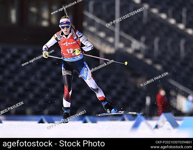 Marketa Davidova from Czech Republic competes during the women's 10 km pursuit race at the Biathlon World Cup in Nove Mesto na Morave, Czech Republic, on Sunday