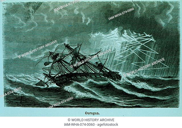 Illustration of the 'Ouragan' sailing vessel in hurricane conditions, from 'Les Meteores'. Dated 1869