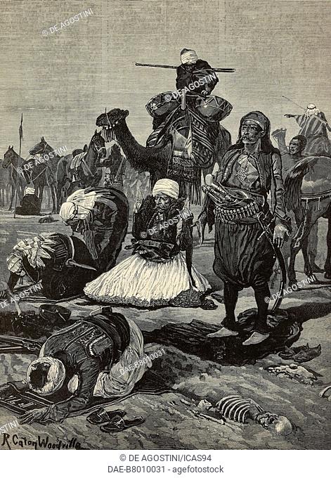 Bashi-Bazouks on the march: a halt for prayer, Mahdist War, engraving after an illustration by Richard Caton Woodville Jr (1856-1927)