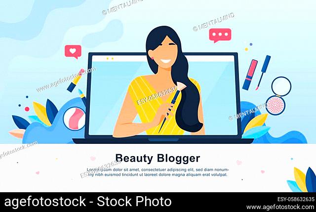 Beauty Blogger with young woman surrounded by cosmetics icons appearing on the screen of a laptop, colored vector illustration