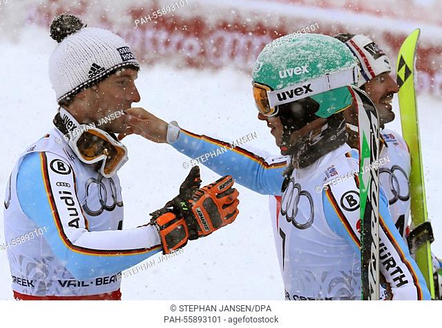 Felix Neureuhter (R) and Fritz Dopfer of Germany react after the mens slalom at the Alpine Skiing World Championships in Vail - Beaver Creek, Colorado, USA