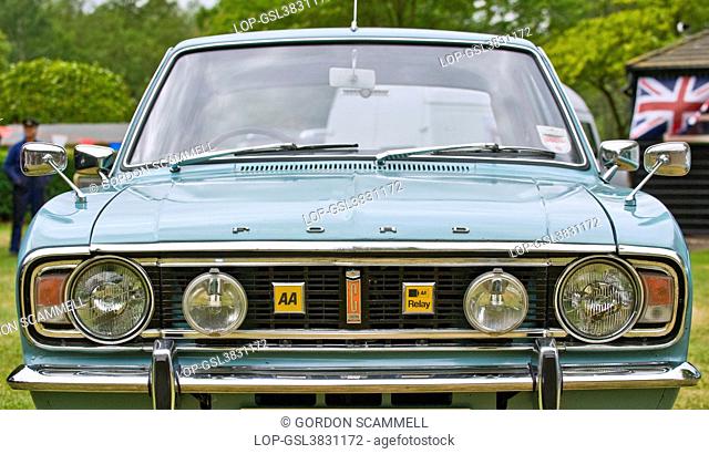 England, Essex, Audley End. The front of a Ford Cortina, on display at the Audley End Road and Rail Steam Gala 2011