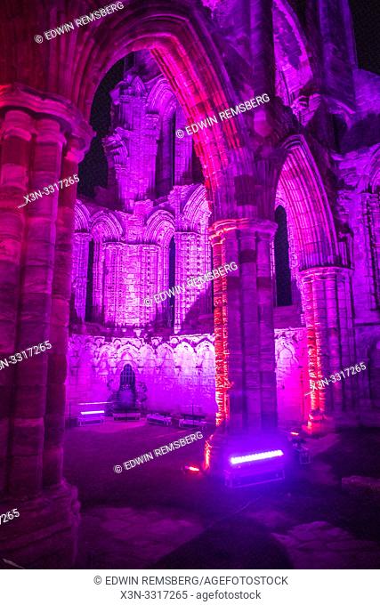Lights from the Whitby Abbey during the Dracula festival on Halloween Yorkshire, UK