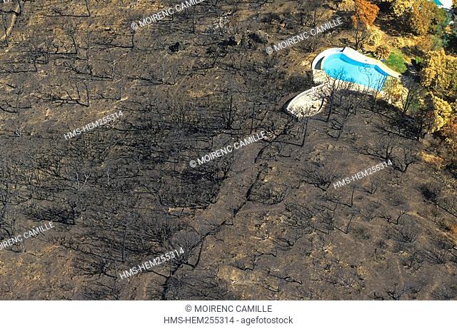 France, Var, Maures Massif, near Sainte Maxime after fire in July 2003 aerial view