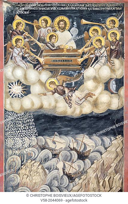 Greece, Chalkidiki, Mount Athos peninsula, World Heritage Site, Dionysiou monastery, Fresco of the Book of Revelation or Apocalypse of Saint John (1568)