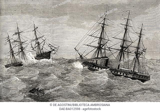 HMS Immortalite finding the derelict Margaret Pollock at sea, illustration from the magazine The Illustrated London News, volume LXII, January 18, 1873