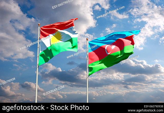 Beautiful national state flags of Kurdistan and Azerbaijan together at the sky background. 3D artwork concept