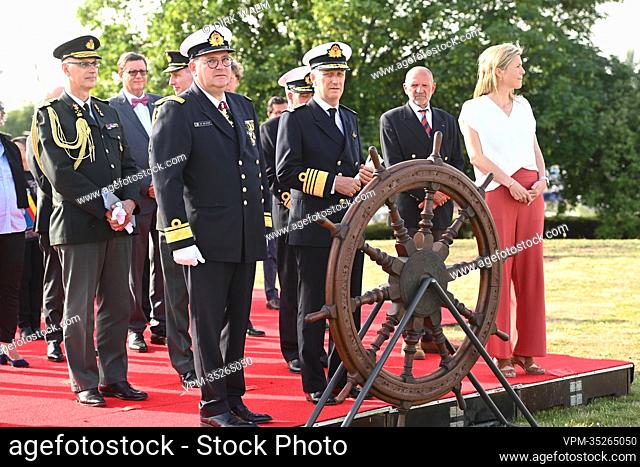Navy admiral Jan De Beurme, King Philippe - Filip of Belgium and Interior Minister Annelies Verlinden pictured during the celebration of the 75th anniversary of...