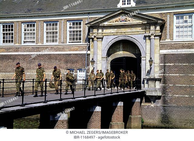 Soldiers leaving the castle, Kasteel van Breda, the KMA Royal Military Academy is located in the Castle, Breda, Province of North Brabant, Noord-Brabant