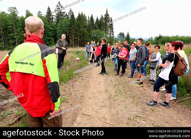 24 June 2021, Saxony-Anhalt, Drei-Annen-Hohne: Employees of the Harz Hospital Dorothea Christiane Erxleben are instructed by district forester Olaf Eggert for a...