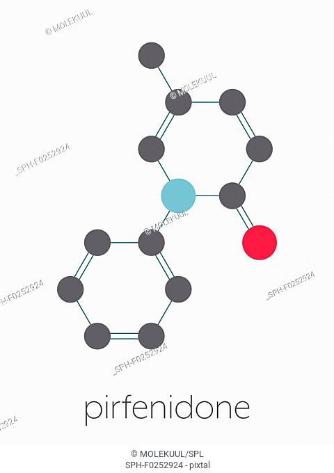 Pirfenidone idiopathic pulmonary fibrosis (IPF) drug molecule. IPF is a rare lung disease. Stylized skeletal formula (chemical structure)