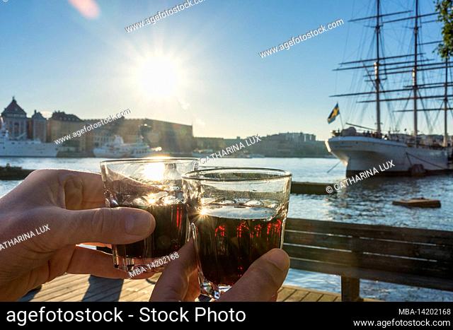 Sweden, Stockholm, Skeppsholmen, picnic, two hands holding two glasses, back light