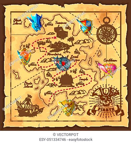 Cartoon island map template with medieval colorful weapons and shields for game level design vector illustration