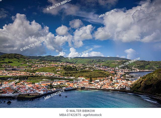 Portugal, Azores, Faial Island, Horta, elevated view of town and Porto Pim from Monte de Guia
