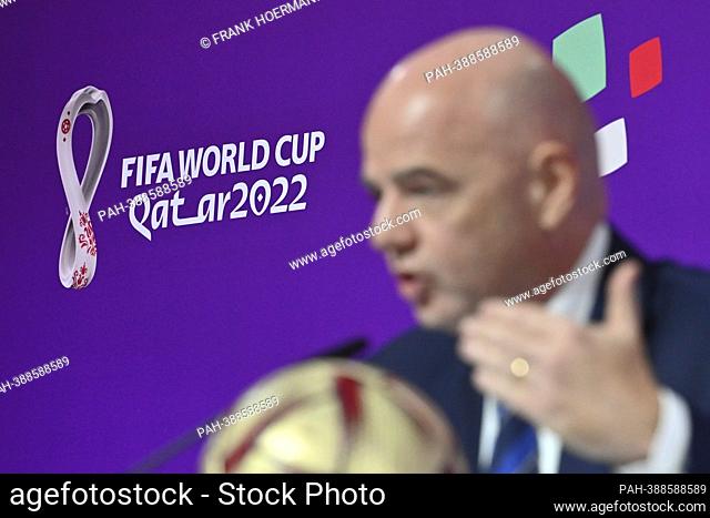 FIFA President Gianni INFANTINO, out of focus in front of the logo, single image, cut single motif, portrait, portrait, portrait