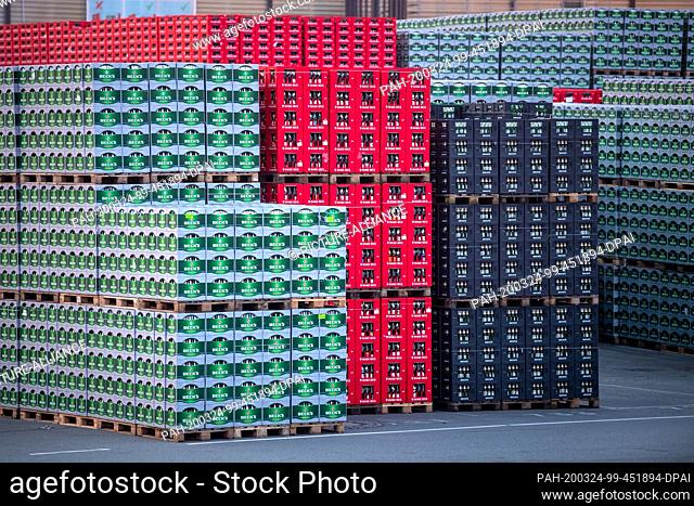 17 March 2020, Bremen: Crates of Beck's and Haake-Beck beer are standing in front of the brewery Beck & Co. Photo: Sina Schuldt/dpa