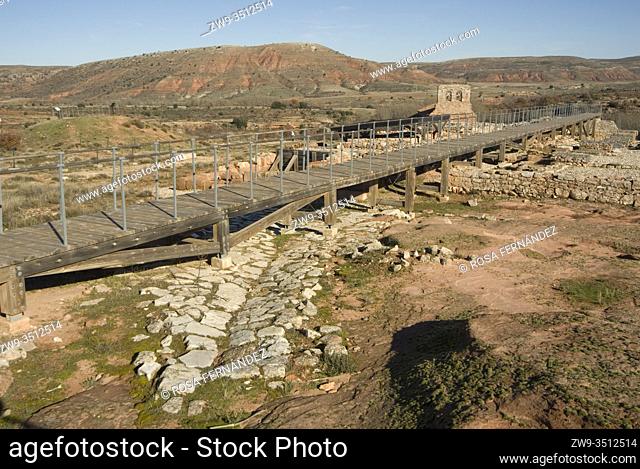 Roman city of Tiermes, Centuries I to III A.C., forum area and remains of calzada -roman road-, Pela Mountains, Montejo de Tiermes, province of Soria