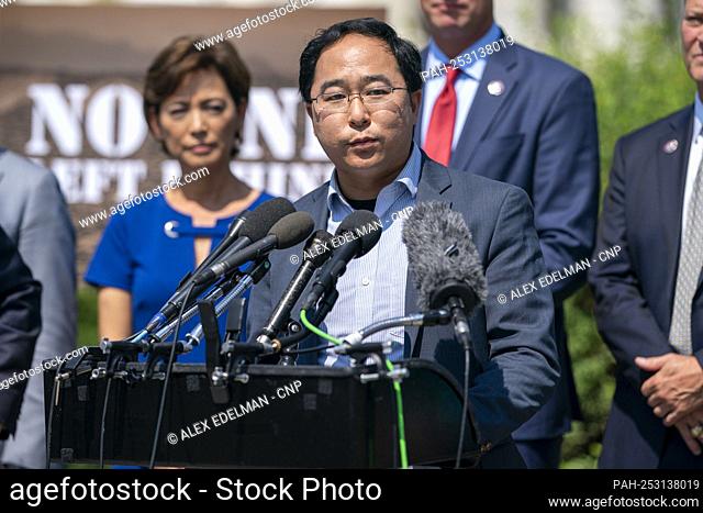 Representative Andy Kim, Democrat of New Jersey, speaks in front of a bipartisan group of House members during a press conference on Afghanistan outside the...