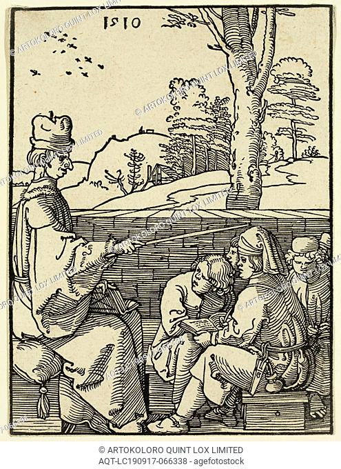 Albrecht Dürer, German, 1471-1528, The School Master, 1510, woodcut printed in black ink on laid paper, Sheet (trimmed to image edge): 5 inches × 3 7/8 inches...