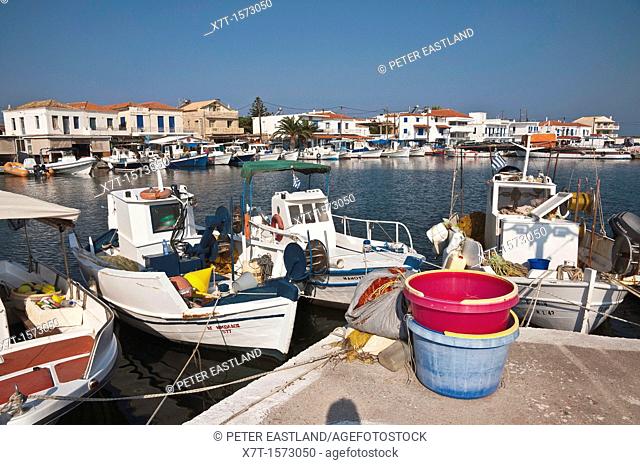 Fishing boats on the quayside, Elafonissos harbour, Elafonissos, Lakonia, Peloponnese, Greece