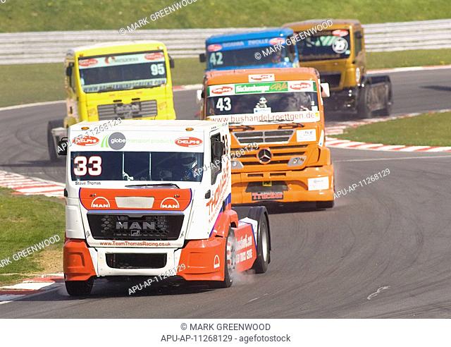 22 04 2012 Brands Hatch, Steve thomas driving the Team thomas racing MAN TGX leads the into McClarens during Sunday Raceday in the 2012 Delphi British Truck...
