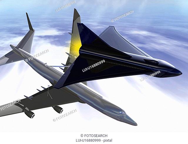 Airplane and spacecraft, Illustration, CG, High Angle View