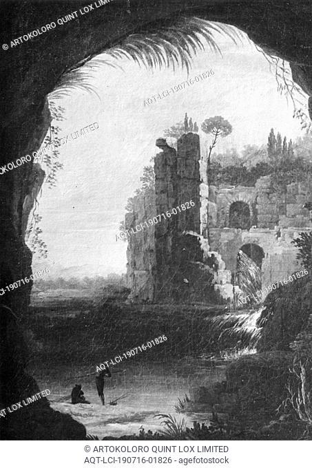 Ruin, seen through cave opening, painting, oil on canvas, Height, 48 cm (18.8 inches), Width, 38 cm (14.9 inches), Inscription, A