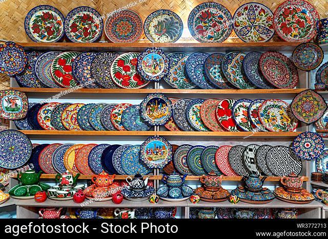 The uzbek market with traditional uzbekistan dishes in Bukhara